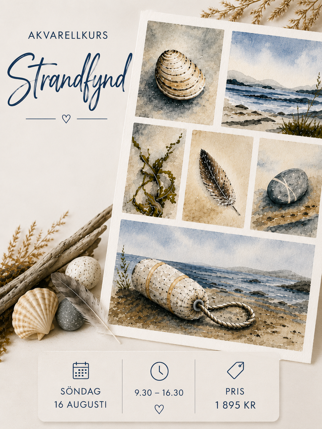 Akvarellkurs- Heldag- 16 aug- Strandfynd